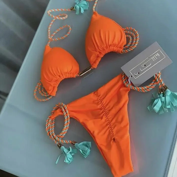 Bikini Mujer 2025 | Triángulo Multicolor Sin Espalda con Cordón