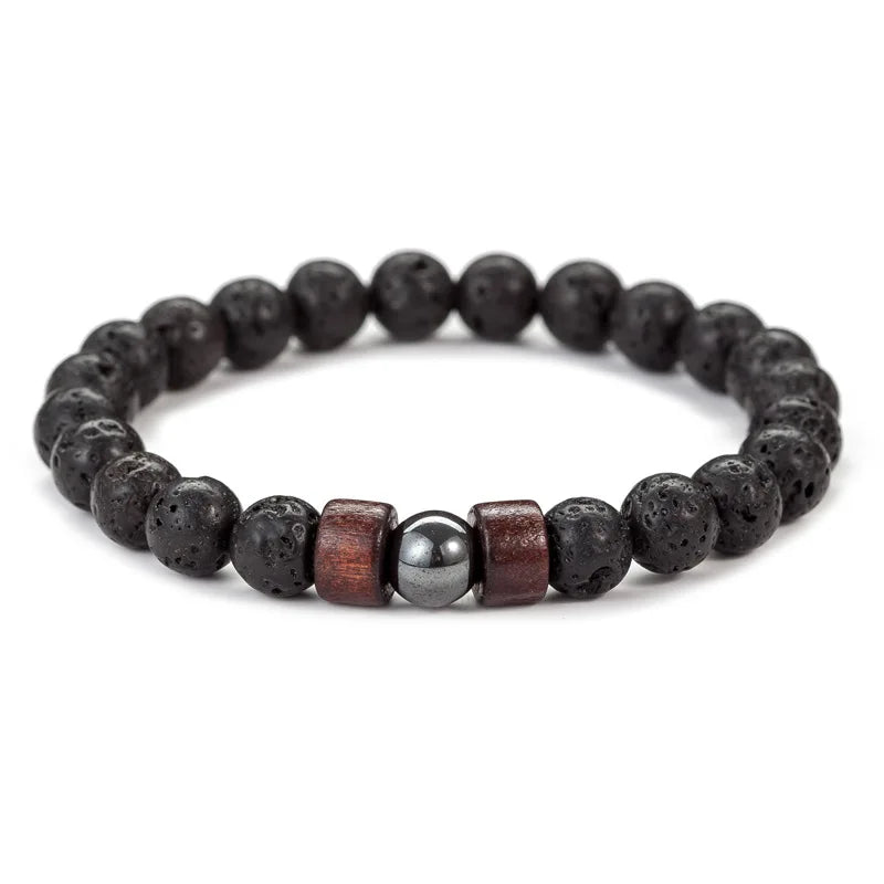 Pulsera de Piedra Volcánica de 8mm para Hombre – Lava y Madera con Buda Tibetano, Hecha a Mano, Elástica