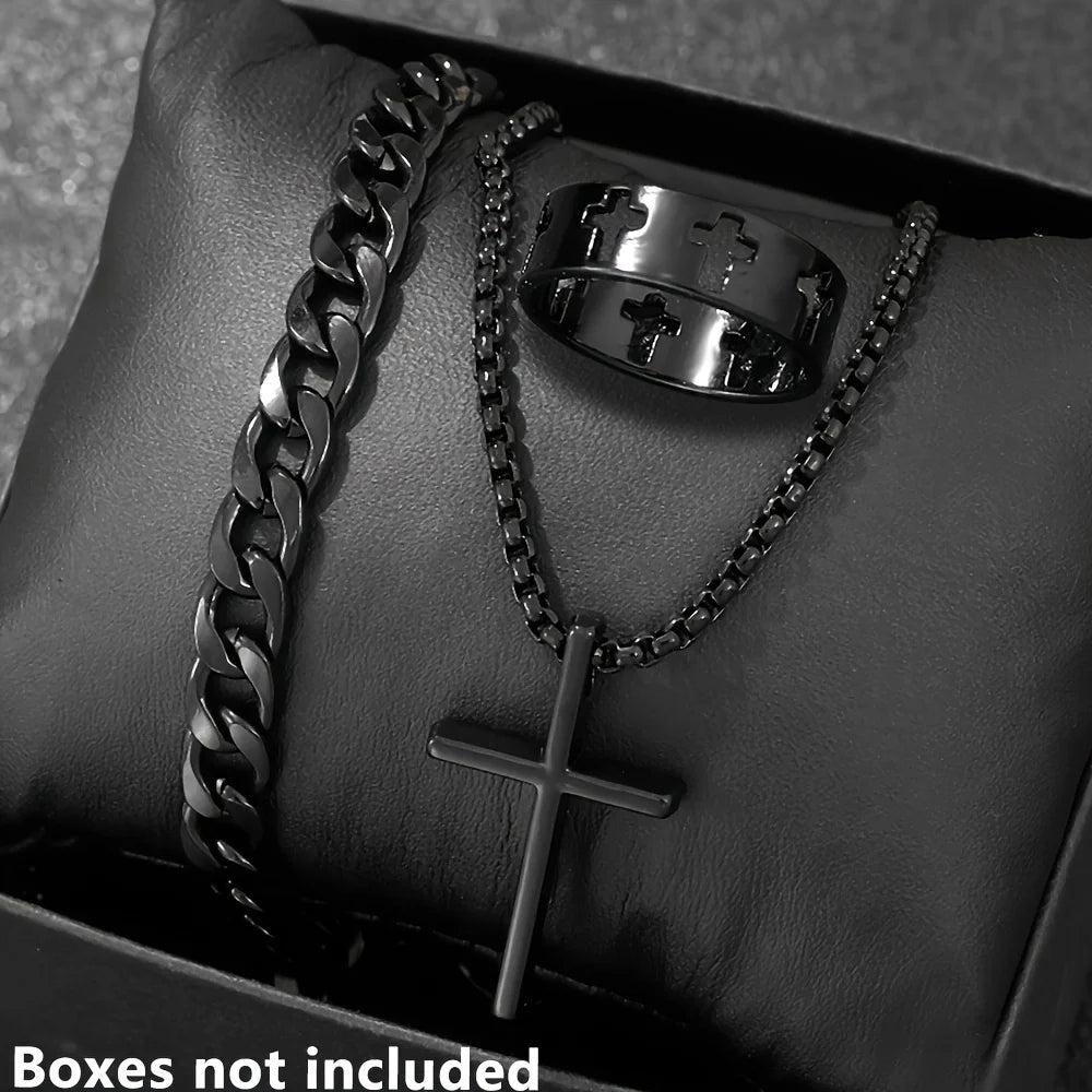 Set de Joyería para Hombre 3 Piezas – Collar con Cruz, Pulsera y Anillo en Acero Inoxidable Estilo Hip Hop