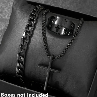 Set de Joyería para Hombre 3 Piezas – Collar con Cruz, Pulsera y Anillo en Acero Inoxidable Estilo Hip Hop