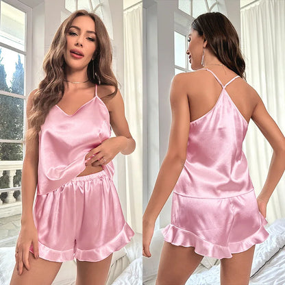 Pijama Sexy Mujer Satén y Encaje | Set 2 Piezas Top Sin Mangas + Shorts