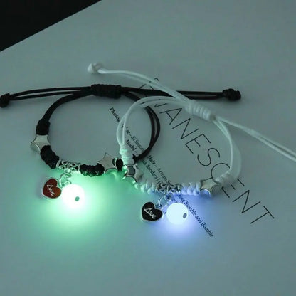 Set de 2 Pulseras Luminosas para Pareja – Cuentas Brillantes con Estrella, Gato, Flor, Corazón y Luna