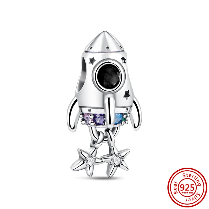 Charm universo plata 925 – Luna, sol, planeta, cohete y pluma de ángel para pulseras tipo Pandora, joyería DIY celestial
