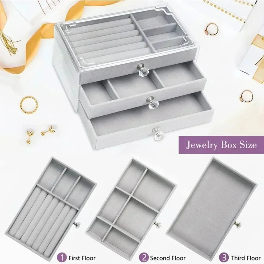 Joyero de Terciopelo y Acrílico con 3 Cajones Apilables | Organizador de Joyería para Collares, Pulseras y Aretes