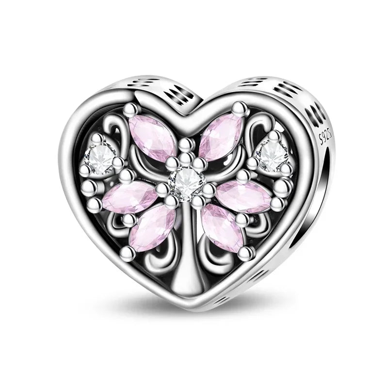 Charm Plata 925 Colgante Rosa Mariposa Corazón Flor Pájaro | Dije Para Pulsera Pandora Compatible