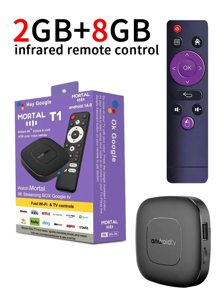 Mortal T1 Smart TV Box Android 14 WIFI6 4K HDR Bluetooth Home Theater con Control de Voz
