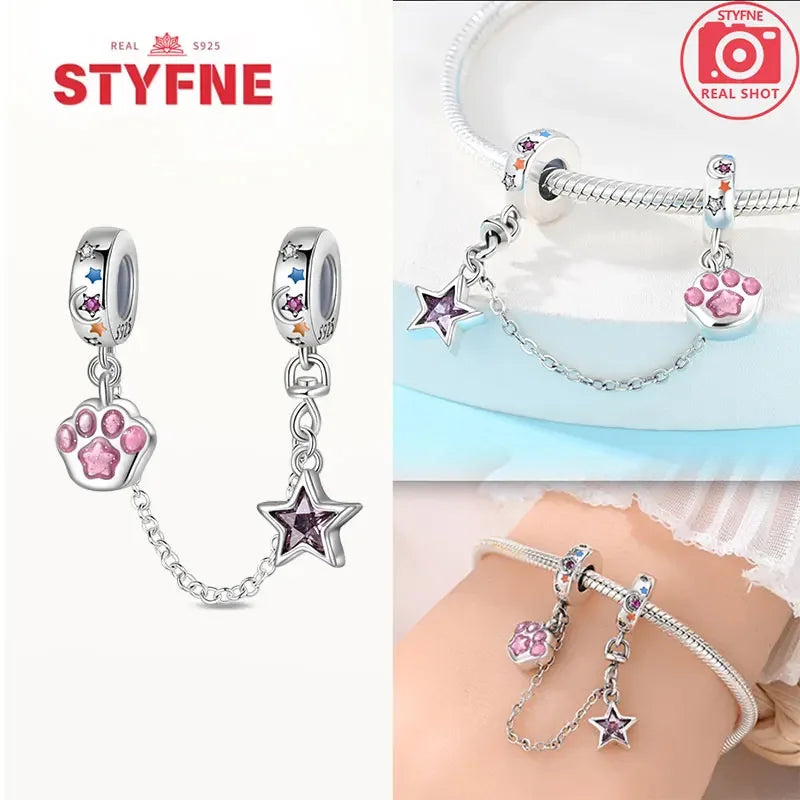 Charm Gato con Corazón de Plata 925 | Cadena de Seguridad para Pulseras Pandora Mujer