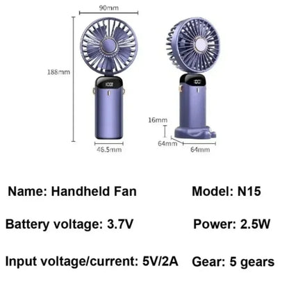 Ventilador portátil XIKCU 3000mAh – Mini USB recargable, plegable, 5 velocidades, LED, de mano, escritorio y cuello