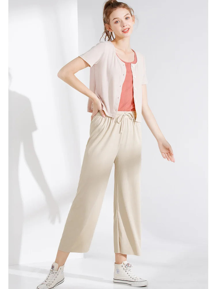 Pantalón Ancho Mujer Verano | Pantalones Sueltos Seda Helada Cintura Elástica Casual Primavera