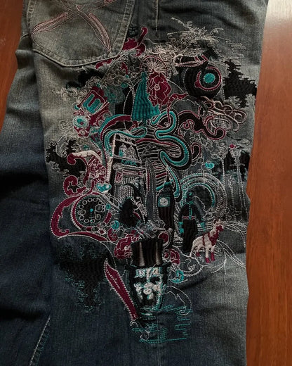 Jeans Retro Harajuku Talle Alto con Bordados – Pantalones Oversize Unisex Estilo Y2K Hip Hop Americano Street Rock Casual