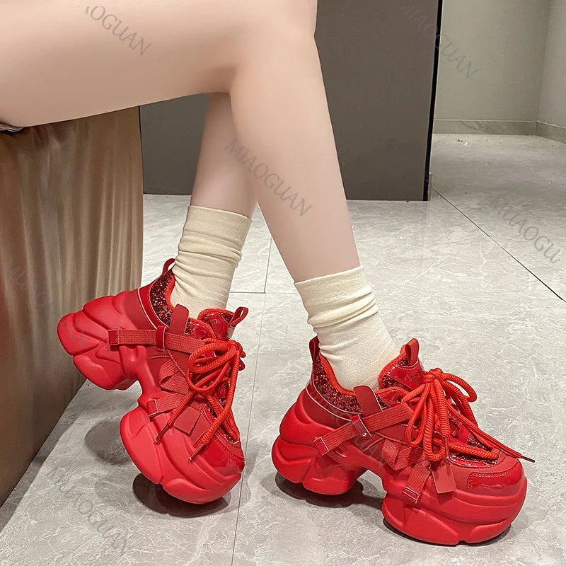 Zapatillas Plataforma Mujer 2025 | Sneakers Casual con Tacón de 8cm y Brillo