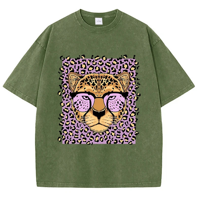 Camiseta Oversize Mujer Vintage | Algodón Lavado Ácido Estampado Leopardo Caricaturas