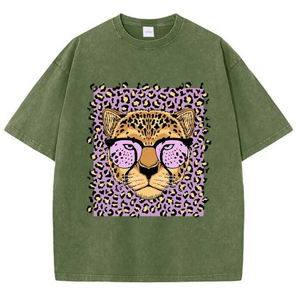 Camiseta Oversize Mujer Vintage | Algodón Lavado Ácido Estampado Leopardo Caricaturas