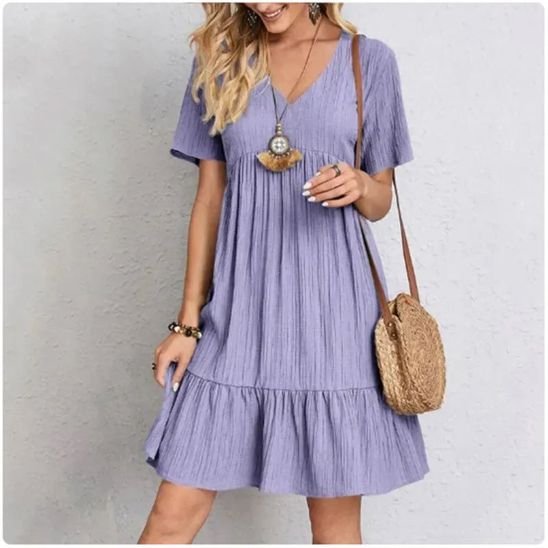 Vestido Peplum Mujer Verano | Vestido V-Cuello Manga Corta con Volantes Casual Primavera