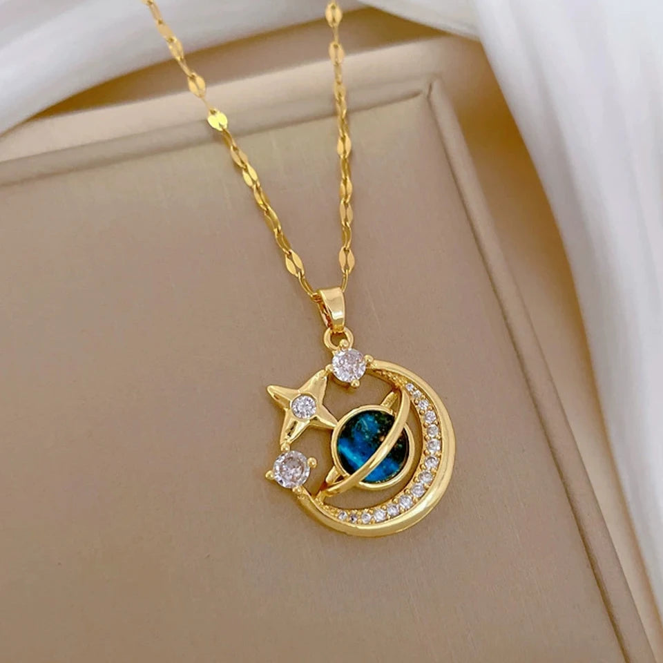 Light Luxury Titanium Steel Star Series Necklace for Women Gold Color Planet Moon Astronaut Pendant Necklaces Jewelry Gifts