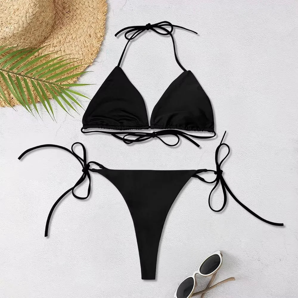Bikini Sexy Mujer 2025 | Halter Tres Puntos Sólido Ajustable Espalda Descubierta