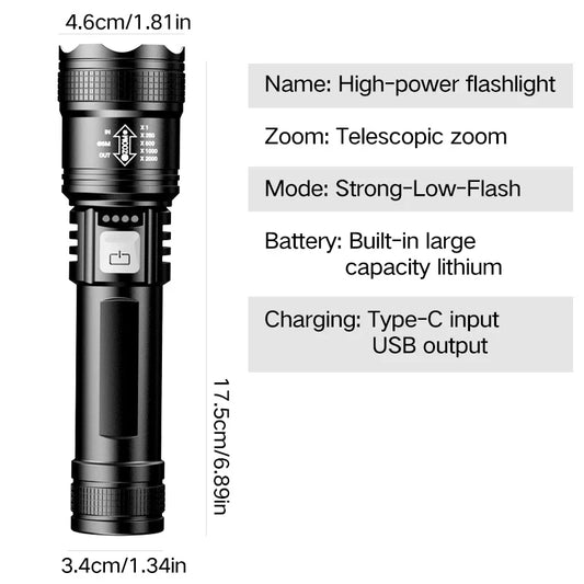 Linterna LED Táctica 2000LM Alta Potencia | USB Recargable, Zoom Ajustable, Emergencias y Camping