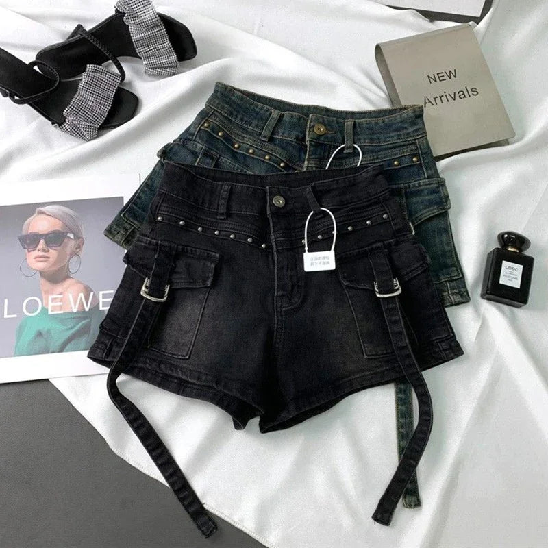 Shorts Cargo Denim Mujer Y2K 2000s | Tiro Alto Vintage Estilo Streetwear Verano
