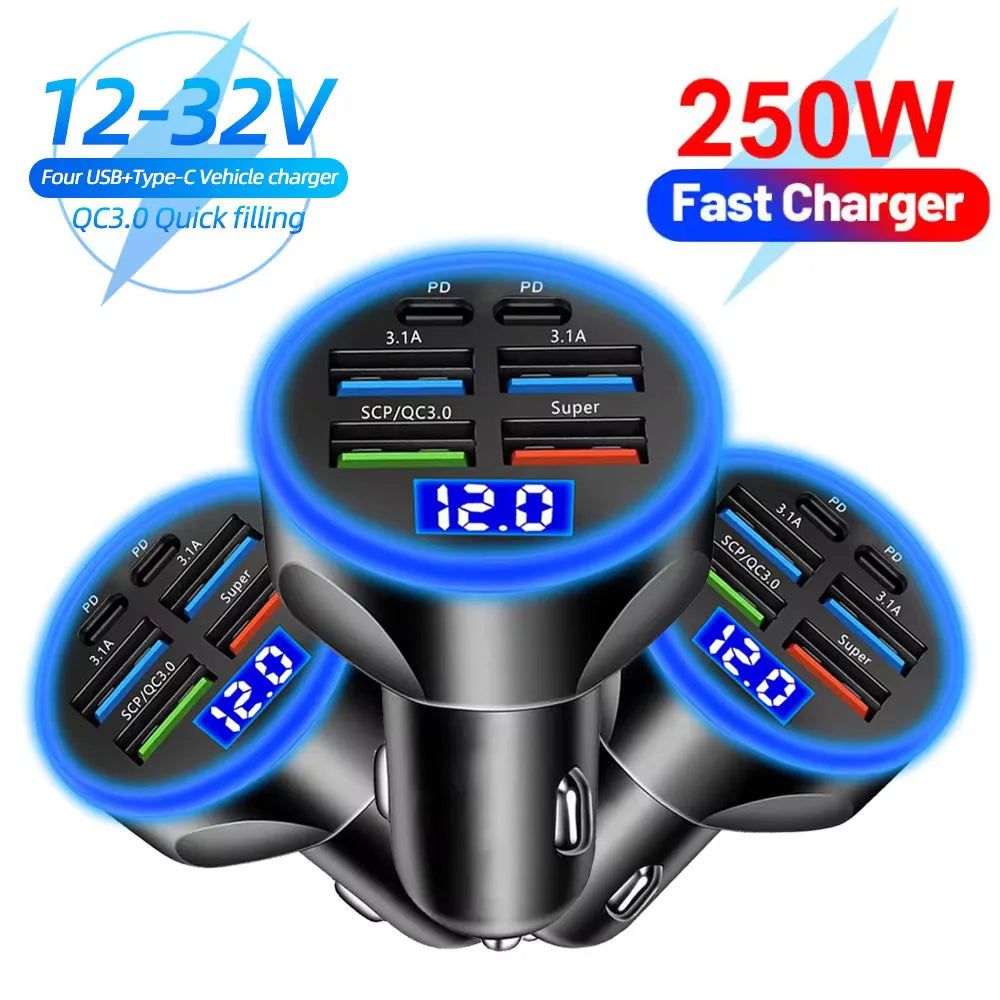 Cargador de Coche 100W con 6 Puertos – Adaptador USB Tipo C PD QC3.0 de Carga Rápida para iPhone, Samsung, Huawei, Xiaomi y Más