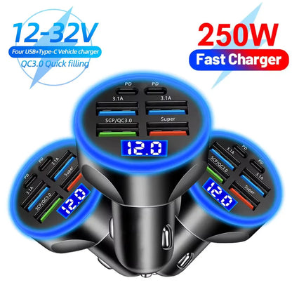 Cargador de Coche 100W con 6 Puertos – Adaptador USB Tipo C PD QC3.0 de Carga Rápida para iPhone, Samsung, Huawei, Xiaomi y Más