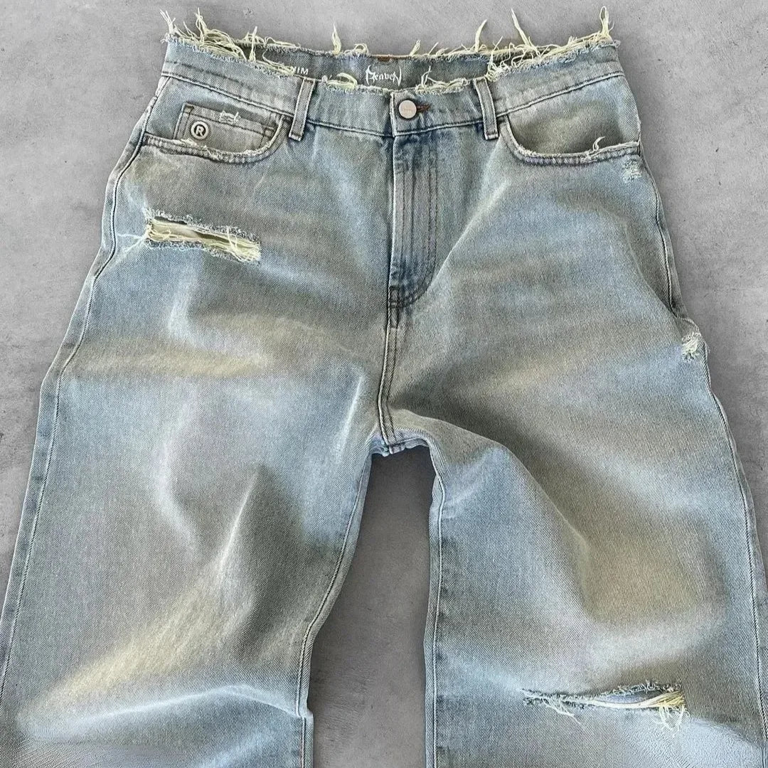 Jeans Rectos Hombre Desgastados con Rasgados | Pantalón Denim Casual Urbano 2025