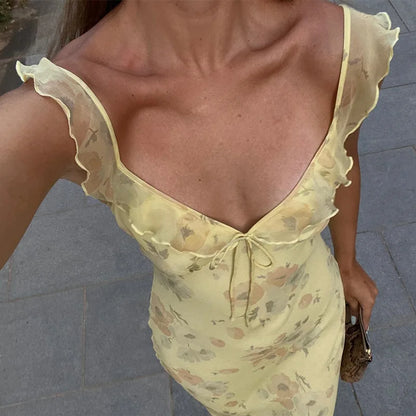 Vestido Largo Floral Mujer | Maxi Dress Sexy Escote Profundo y Espalda Abierta Estilo Coquette