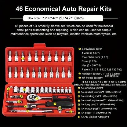 46PCS Juego de Herramientas Mecánicas con Llave de Trinquete, Vasos, Destornillador y Dados para Auto, Moto y Bicicleta