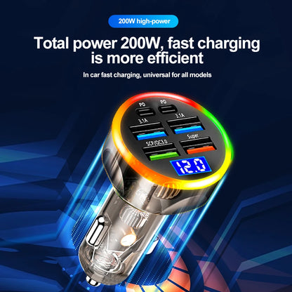 250W Fast Car Charger 6 Ports Quick Charge PD Type C USB A Adapter Transparent Case for iPhone 15 16 Pro Samsung S24 Xiaomi Poco