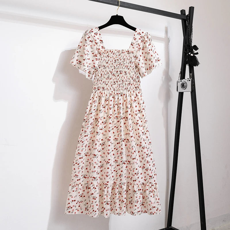Vestido Midi Chiffon Mujer | Vestido Floral con Cintura Elástica y Espalda Descubierta Verano Primavera