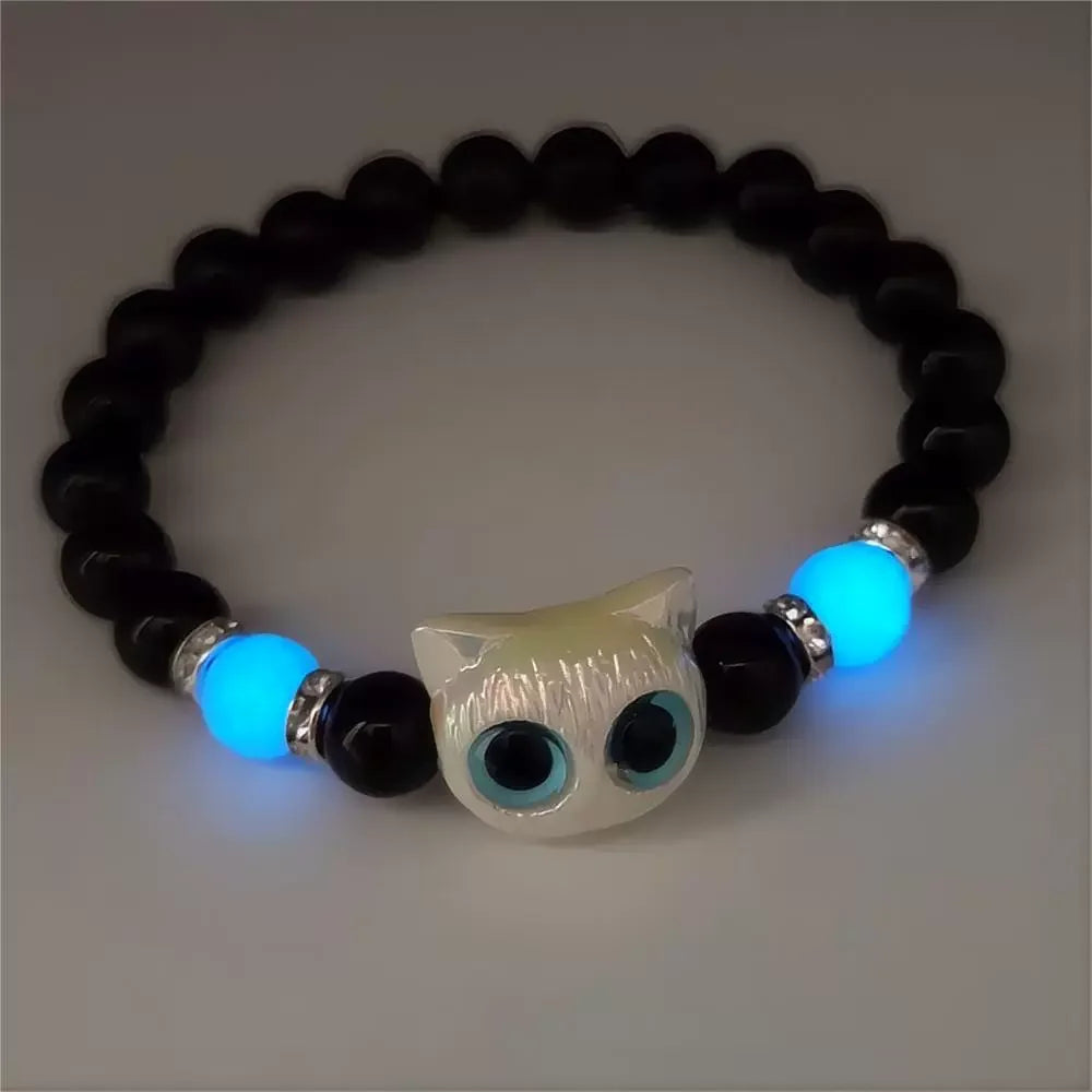 Pulsera de Pareja con Gato Luminoso – Brazalete de Cuentas Negro y Blanco para Amistad o Amor