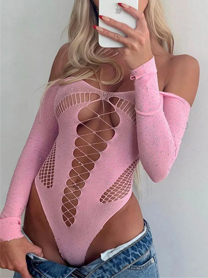 Body Mujer 2025 | Lencería Sexy de Malla Brillante con Rhinestones y Manga Larga