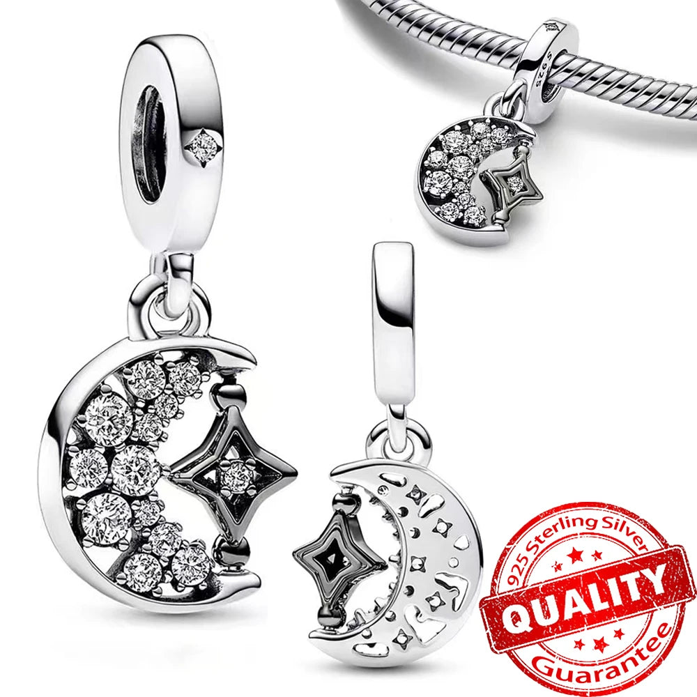 Charm Plata 925 Colgante Colorido Sol Luna Estrellas | Dije Compatible Pandora Pulsera y Collar Mujer