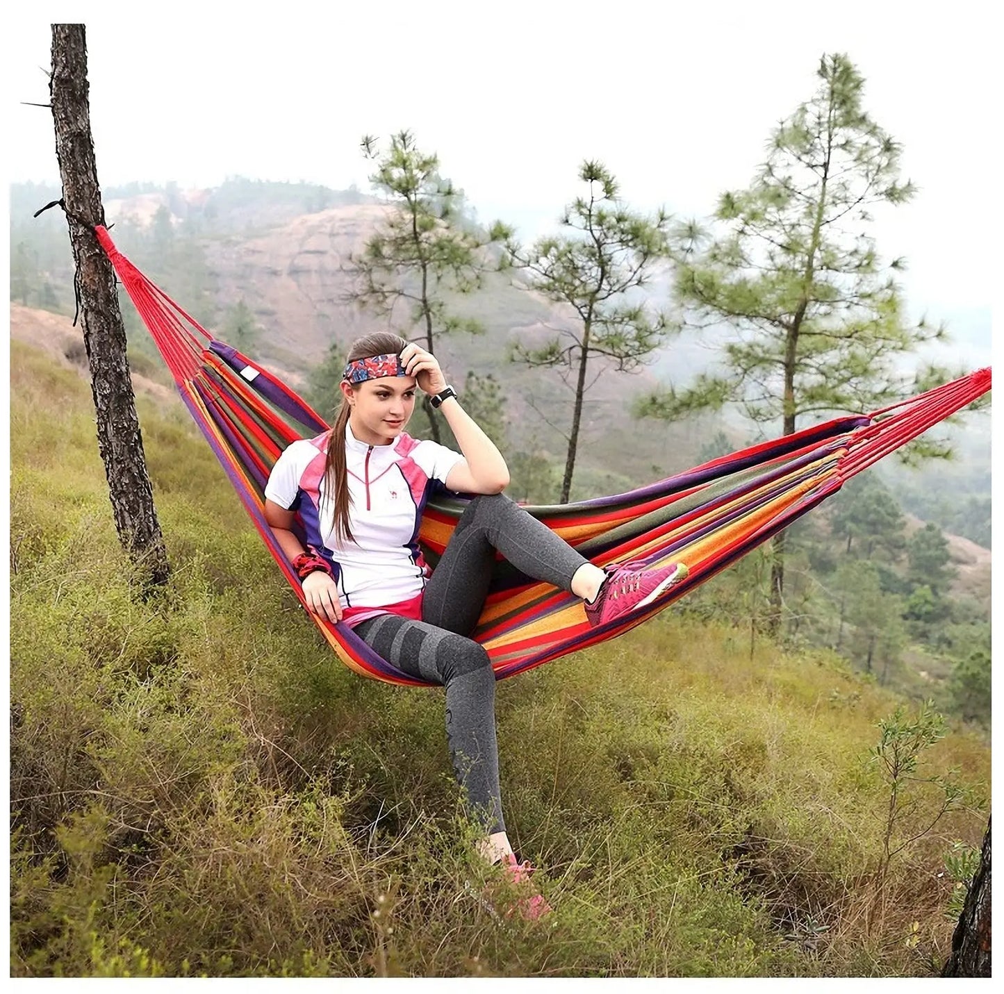 Hamaca Doble para 2 Personas de Algodón y Lona con Cuerdas para Árbol – Patio, Jardín, Terraza Interior y Exterior (Rojo, Azul)