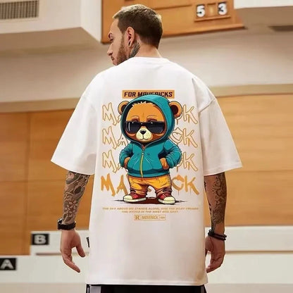 Camiseta de Algodón con Estampado de Oso – T-shirt Redonda Oversize Unisex Suelta, Transpirable y Casual
