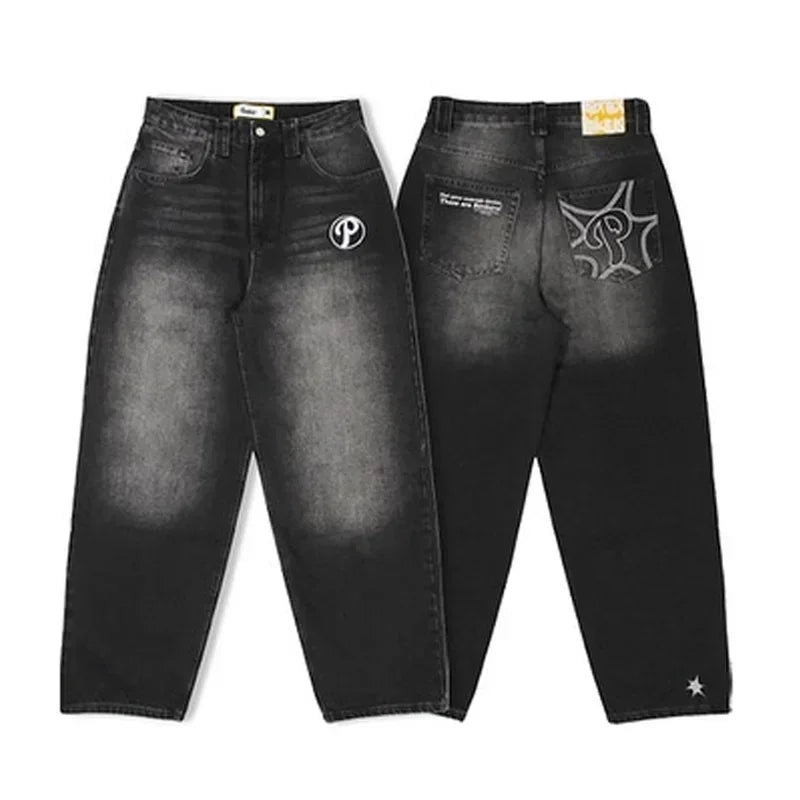 Jeans Oversize Y2K Phantom Unisex | Pantalones Baggy Estilo Hip Hop Streetwear con Parche Bordado Araña Gótico Retro