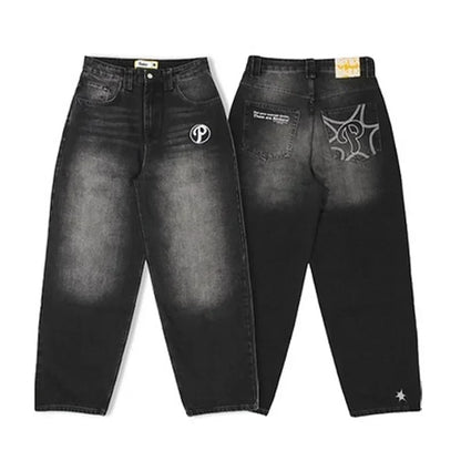 Jeans Oversize Y2K Phantom Unisex | Pantalones Baggy Estilo Hip Hop Streetwear con Parche Bordado Araña Gótico Retro