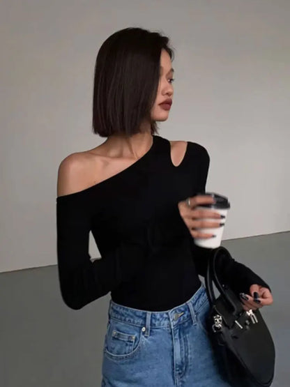 Top Mujer Sexy Escote Asimétrico | Camiseta Manga Larga Off Shoulder Slim Crop Primavera