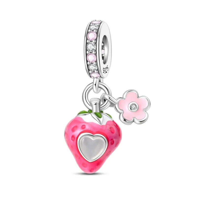 Charms de Plata 925 Frutas (Fresa, Cereza, Manzana y Aguacate) – Abalorios Coloridos para Pulseras Originales