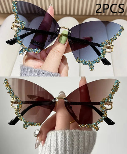 Gafas de Sol Mariposa Diamante Mujer | Vintage Y2K Oversized Rimless Eyewear de Lujo