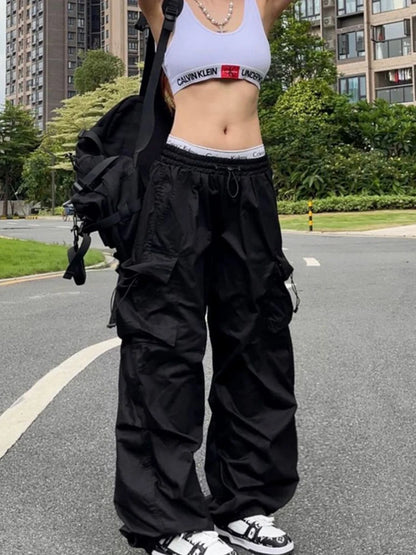 Pantalón Parachute Negro Mujer Y2K | Cargo Oversize Bolsillos Streetwear Harajuku
