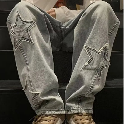 Jeans Hombre Bordado Estrella | Pantalones Rectos Anchos Hip Hop Streetwear Y2K Juvenil Unisex