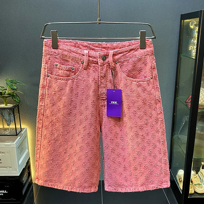 2025 new summer high-end denim shorts for men, loose straight leg oversized pants, retro embroidered five quarter pants
