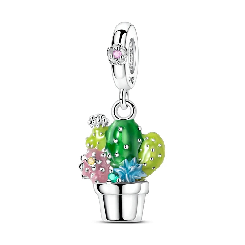 Charm de Plata 925 Trébol Azul Degradado y Flor Iris Rosa – Abalorio Elegante para Pulseras Originales