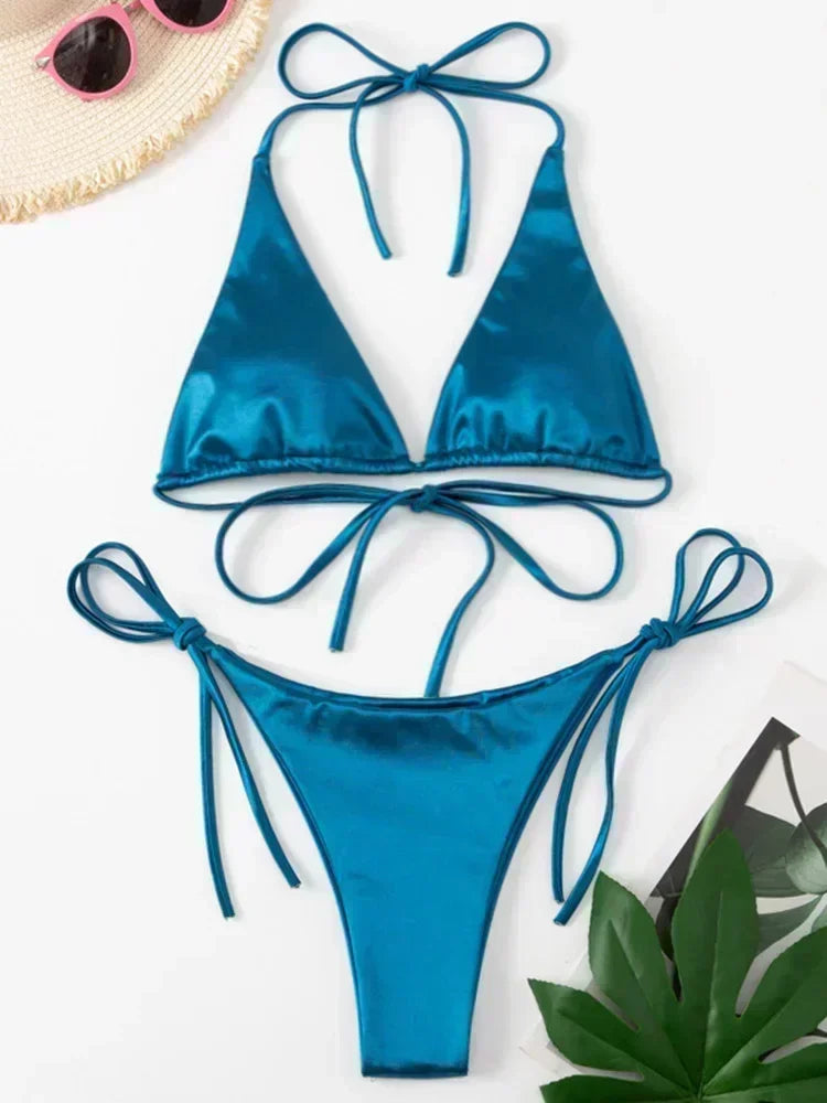 Bikini Brasileño Halter Mujer | Satinado Metálico Push Up 2 Piezas