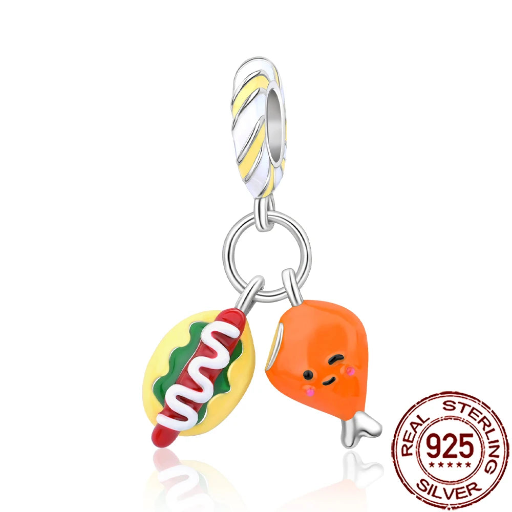 Charm Comida Divertida en Plata 925 – Café, Pastel, Frutas, Hamburguesa y Papas | Compatible Pandora 2025