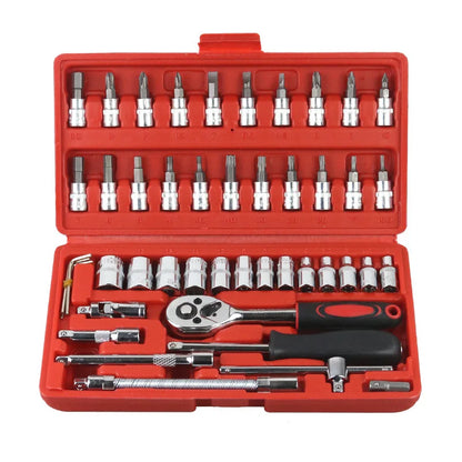 46PCS Juego de Herramientas Mecánicas con Llave de Trinquete, Vasos, Destornillador y Dados para Auto, Moto y Bicicleta