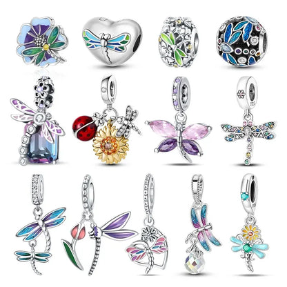 Charm Plata S925 Mariposa Libélula Flores con Gemas | Compatible Pulsera Pandora