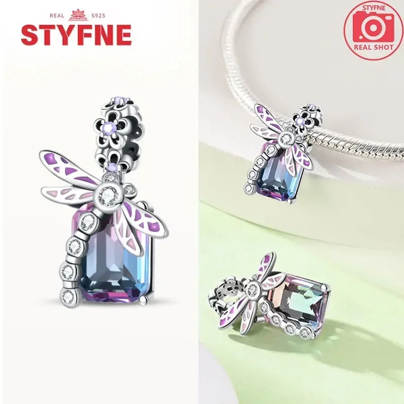 Charm Plata S925 Mariposa Libélula Flores con Gemas | Compatible Pulsera Pandora