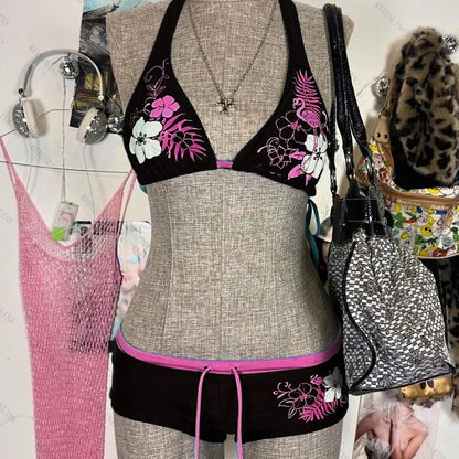 Bikini Vintage Y2K Mujer | 2 Piezas Estampado Flores Halter Playa
