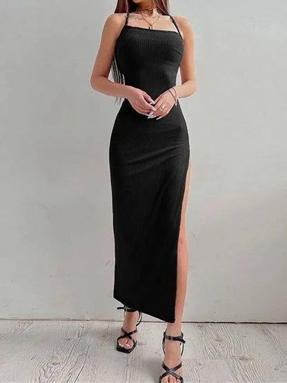 Vestido Largo Negro Mujer | Bodycon Sexy sin Espalda con Abertura Alta y Tirantes